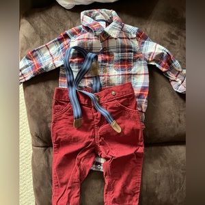9 month boys flannel shirt, pants with suspenders